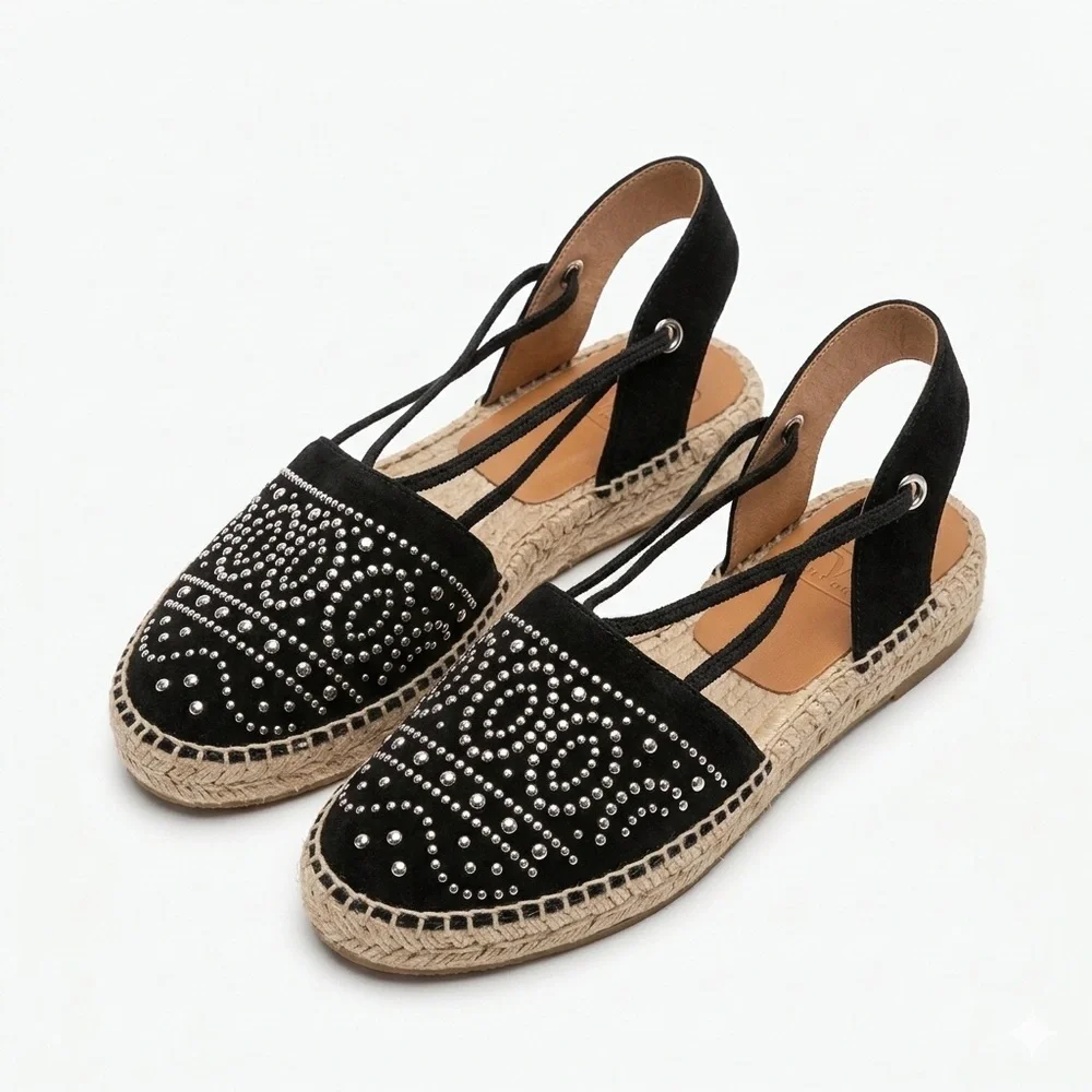 Kanna Women Studded Espadrille Slingback Sandals Black EU 39 Spain